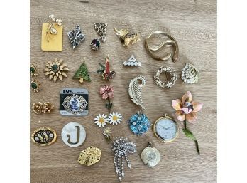 Collection Of Vintage Pins And (2) Pocket Watches (as Is) - Enamel, Rhinestone, 12k-GF, And More