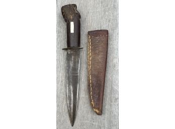 Antique Dagger With Mother Of Pearl Carved Wooden Handle With Leather Sheathe (as Is)