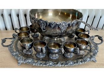 International Silver Plate Grape Grape Leaf Vintage Pattern Punch Bowl Set With Tray And Ladle - 12 Cups