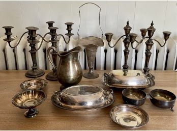 Large Collection Of Vintage Silver Plate Serving Pieces - Gorham Candle Holders, N.S. Silver On Copper, &more
