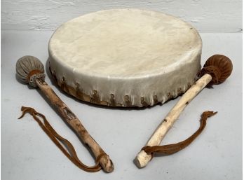 Vintage Handmade Raw Hide Drum With (2) Mallets From Nepal