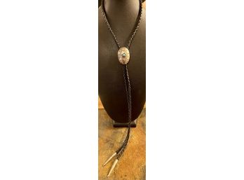 Sterling Silver Navajo Turquoise Stamped Bolo Tie With Black Leather Braided Cord