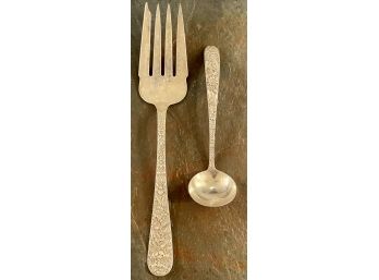 S. Kirk & Sons Sterling Silver Repousse 8.5' Serving Fork And Small 5.5' Ladle - 100 Grams Total
