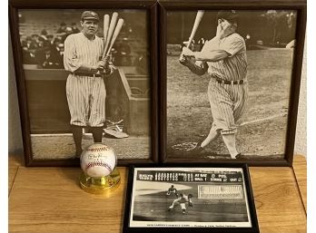 Baseball Collection - Babe Ruth And Mickey Mantle Photograph Prints With Don Larsen Plaque And Ball