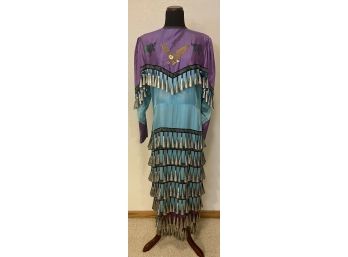 Contemporary Dakota Plains Indian Dance Dress With Embroidered Yoke And Full Tin Cone Dangles Zipper Back