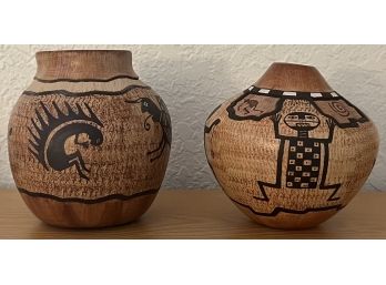 (2) Original Hopi Artist Lawrence Namoki Carved Pottery Pots - (2) Hisat Senom