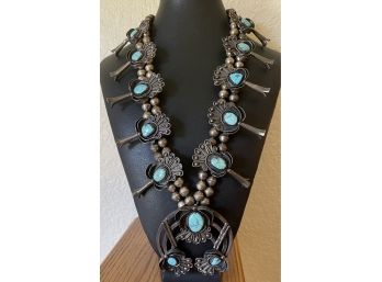 Old Pawn Navajo Sterling Silver And Natural Turquoise Squash Blossom Necklace With Bench Beads
