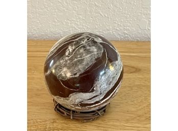 Large Stone Burgundy And White Jasper Sphere With Wicker Stand
