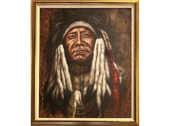 Original James Woolenshirt Oil On Canvas Chief ' Two Moons ' In Frame