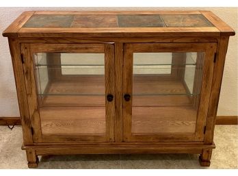 Mission Style Solid Oak Slate Tile Top Glass Shelf Display Cabinet With Light