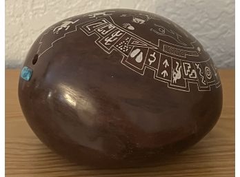 Original Hopi Artist Lawrence Namoki Pottery Seed Pot With Turquoise Inlay - Return To Sipapu