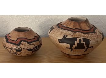 (2) Original Hopi Artist Lawrence Namoki Hand Carved Pottery Pots - Mimbre