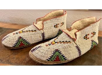 Pair Of Cheyanne Native American Beaded Hide Moccasins Circa 1930 Sinew Sewn And Lane - Stitched