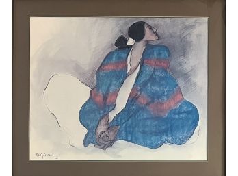 Large R.C. Gorman 1977 ' Girl With Blue Blanket ' Print In Frame