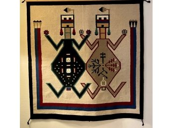 Vintage Navajo Hand Woven 60x61 Inch Wool Multicolor Pictorial Yei Rug With Fringe