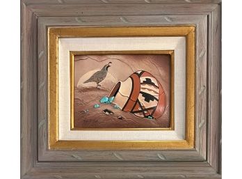 Roger Kull 3 Dimensional Painted Leather With Genuine Turquoise Inlay Southwester Scene In Frame Custom Frame