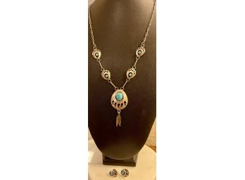 Sterling Silver And Turquoise Navajo Bear Paw Necklace With Matching Post Earings