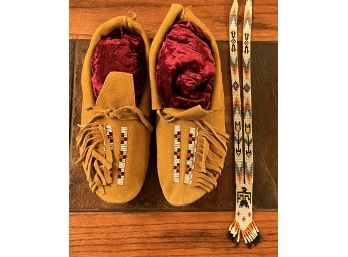 Pair Of Native American Hand Made Seed Bead Hide Moccasins And Seed Bead Necklace