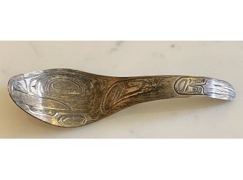 Northwest Coast Silver Spoon With Incised Thunderbird Design Signed Wae