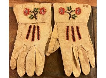 Pair Of Seed Bead Embroidered Hide Riding Gloves (as Is)