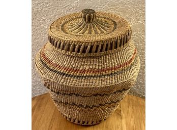 Native American Makah Lidded Basket 1960's Banded Polychrome Design
