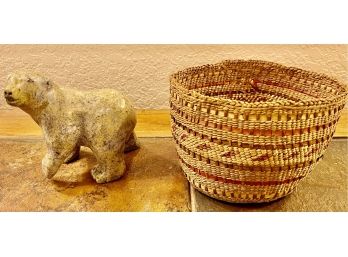 Northwest Carved Soap Stone Polar Bear By Inuk Artist Moe Peterloosie With Makah Hand Woven Basket