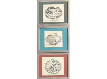(3) Small 1993 Paula Beck Original Pottery Sketches - Tularosa Jar, Hopi Bowl, Casa Grandes Olla
