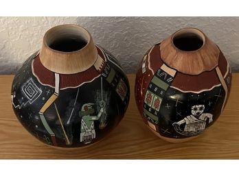 (2) Original Hopi Artist Lawrence Namoki Hand Made Painted Pottery Pots - The Day After 2012