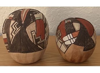 (2) Original Hopi Artist Lawrence Namoki Small Hand Made Seed Pots - Ancient Song And Midday