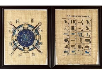(2) Vintage Papyrus Paintings - Hieroglyphic Alphabet And Astrological Signs