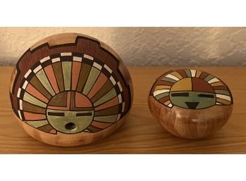 (2) Original Hopi Artist Lawrence Namoki Small Pottery Sun Faced Seed Pots - Tawo And Sun