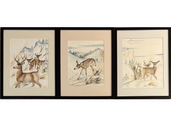 (3) Original Signed Kai-sa Deer Watercolors In Frame