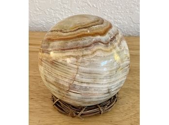 Large Alabaster Sphere With Wicker Stand