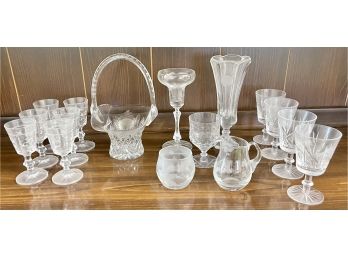 Collection Of Glass And Crystal - Etched Goblets, Basket, Coin Dot Vase, And Etched Cream And Sugar