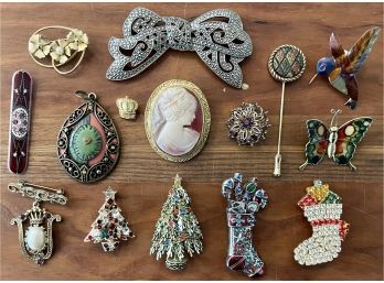 Collection Of Vintage Pins Including Marcasite - Holiday Tree Pins - ART Pins - Rhinestone And More