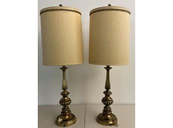 Pair Of Mid-century Modern Rembrandt Solid Brass Table Lamps With Grass Globes And Material Drum Shades