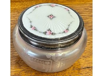 Antique Sterling Silver And Guilloche Enamel Dresser Jar With Etched Steuben Glass Base Signed