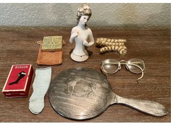 Antique Silver Plate Mirror (as Is) German Pin Doll - Burson Doll Socks - Glasses - Compact And More