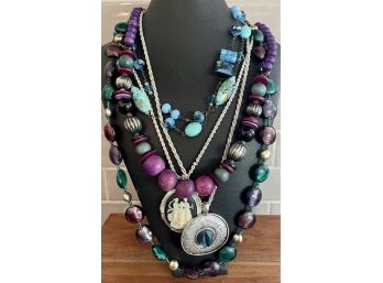 Collection Of Vintage Cameo - Bead - Art Glass Bead And Silver Tone Necklaces With Pendants