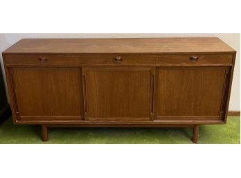 Mid-century Modern Danish Teak Sideboard Credenza With Sliding Panel, 3 Drawers, And Peg Legs 67' Wide