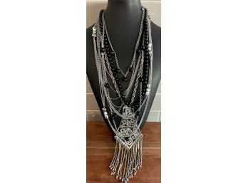 Vintage Collection Of Silver Tone Necklaces Including Monet - Pendant - Black Bead And More