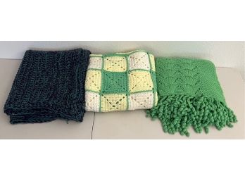 (3) Assorted Size And Color Crocheted Blankets
