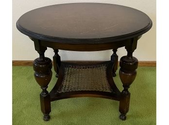 Vintage Round Wood Side Table With Lower Wicker Shelf (as Is)