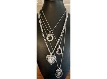 Collection Of Silver Tone & Rhinestone Necklaces Including Hearts With Matching Earrings