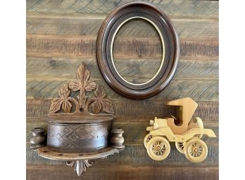 Wood Decor Lot - Model A Wood Car - Wall Hanging Candles And Matches & Vintage Wood Oval Frame