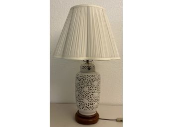 White Porcelain Pull String Ginger Jar Lamp With White Pleated Shade And Rosewood Base