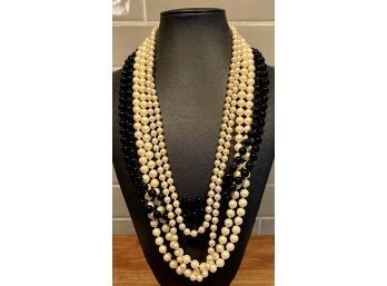 Collection Of Faux Pearl And Black Glass Bead LR Necklaces 56' Long
