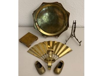 Brass Lot Including Trivet, 11.5 Inch Tray, Ivory Palace India Shoes, Sconce, And More