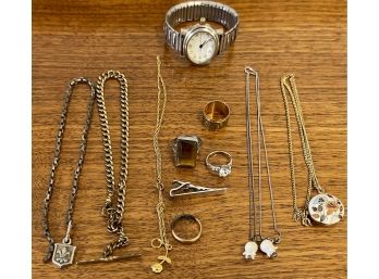 Vintage And Antique Jewelry Including Sterling Tie Clip, Watch Chains, Tiger Eye Ring, And More