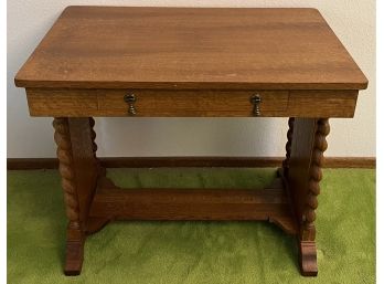Davis Birely Table Co Mission Style Solid Oak Barley Twist Leg Library Table With Brass Pulls And Bottom Shelf